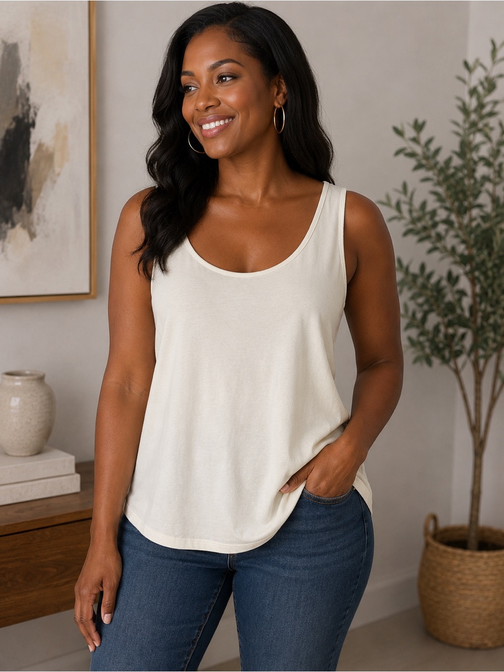 Elie Tahari Cream Scoop Neck Tank Top